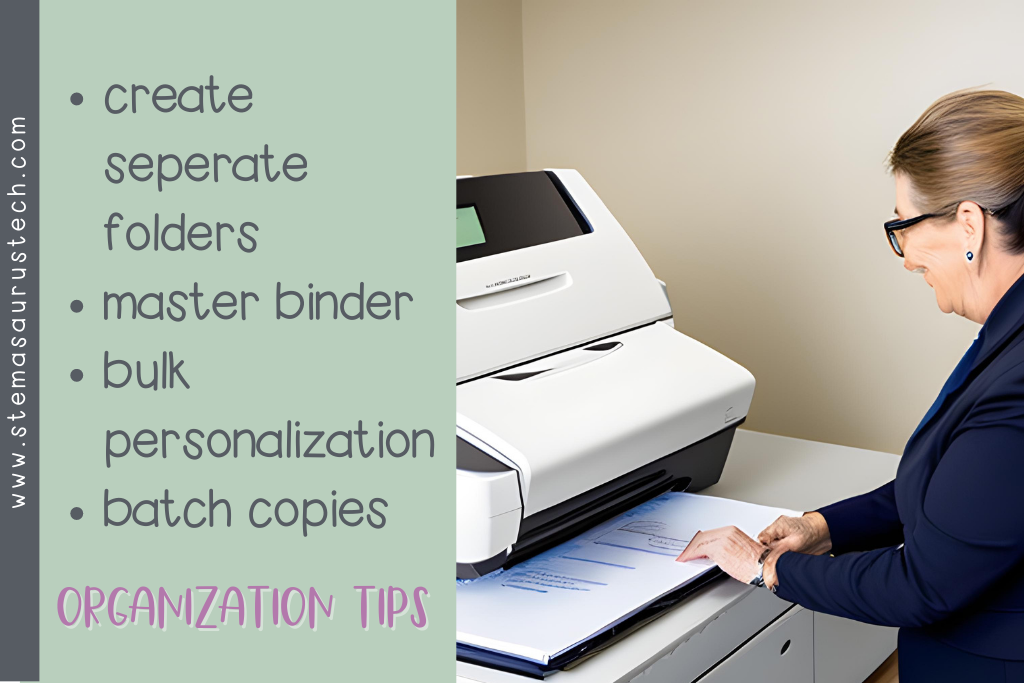 image of a female teacher at the copier with text featuring organization tips