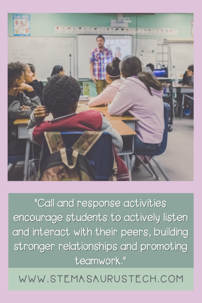 Image of students listening to a teacher in the classroom with a quote from the text discussing how call and responses are a universal learning design technique for differentiated education.