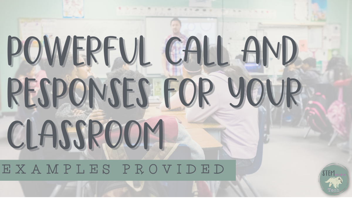 A background image of a classroom with blog post title "powerful call and responses for your classroom: examples provided" over it that discusses universal learning design aspects within the blog.